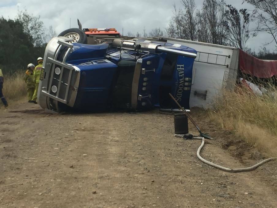 Over and Out: A truck rollover on Maria River Road in 2018 highlighted the poor condition. Photo Peter Daniels