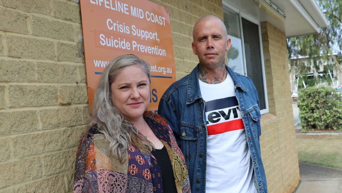 HELPING OTHERS: Kelly Saidey and Luke Anderson outside the Lifeline Mid Coast office. Photo: Lisa Willows
