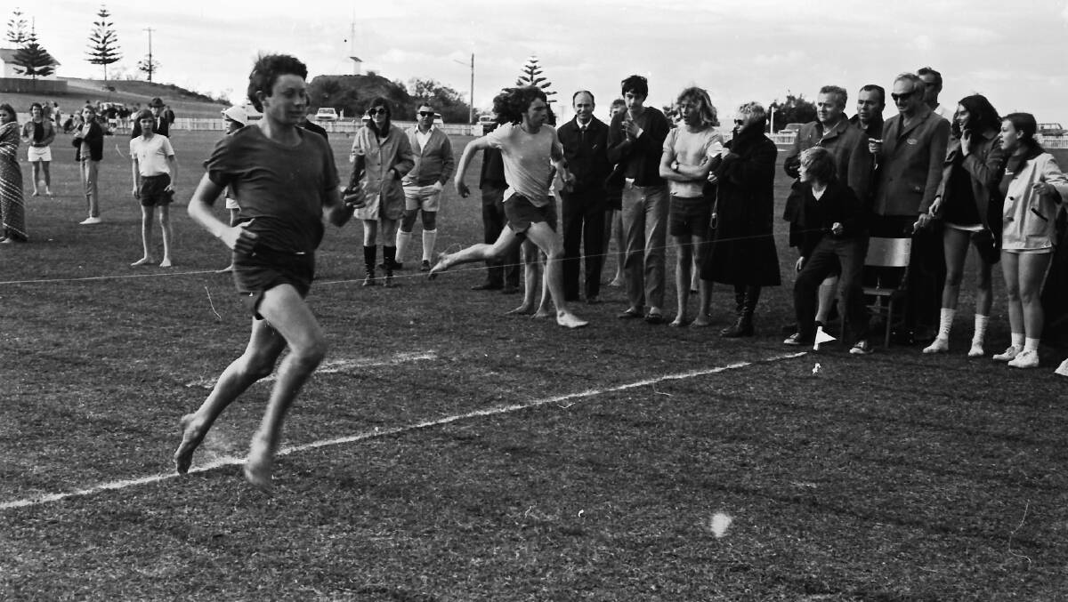 Fastest: Simon Nimme wins a sprint event in a close finish at the High School Athletics Carnival, 1971.