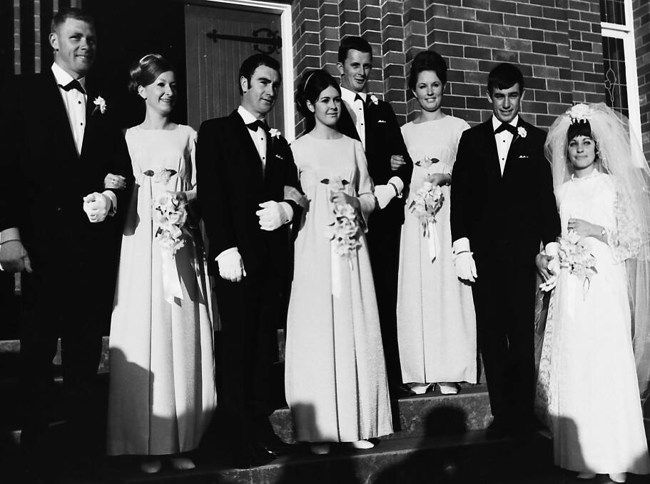 Wedding Party: From left, Ashley Avery, Sue Munday, Noel Sonter, Vicki Boston, Merv Cain, Lyn Wilson and the groom Kevin and bride Carol, now Mr and Mrs Gleeson,1969.