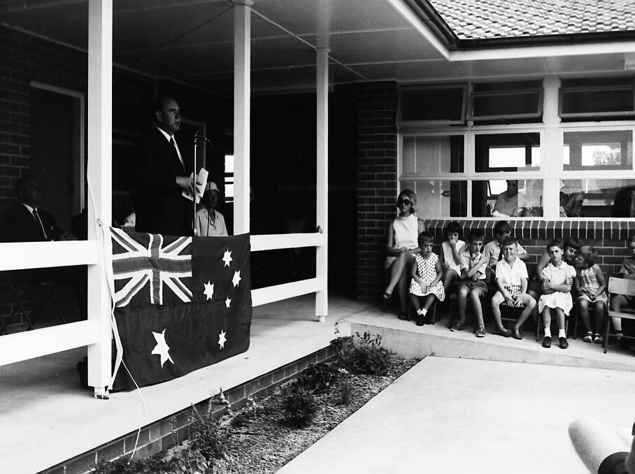 Privileged: The Hon. C B Cutler speaks at the opening of the Q Robin School at Wauchope, 1970.