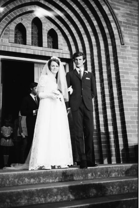 Congratulations: Bride and Groom Helen and Trevor Lock at St Agnes' Church Port Macquarie, 1970.