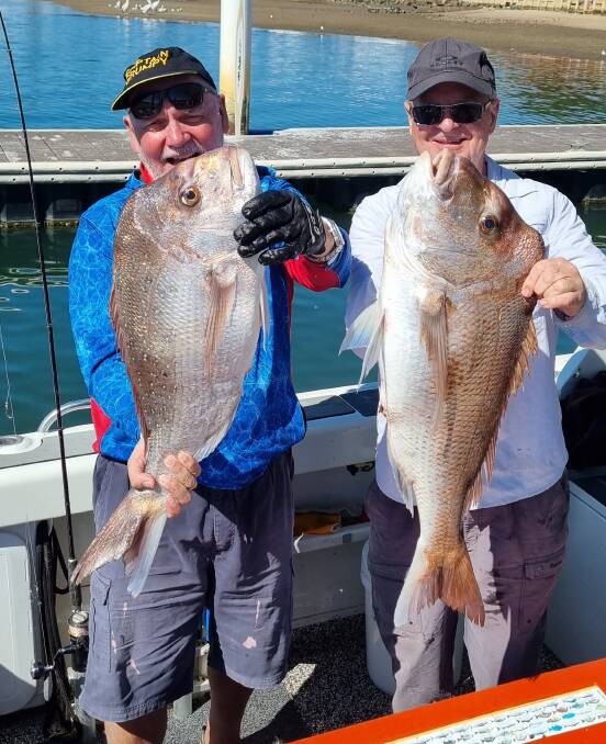 Although offshore fishing has been hard of late, Greg Fatches and Peter Tame scored this great pair of snapper not too long ago off Port.