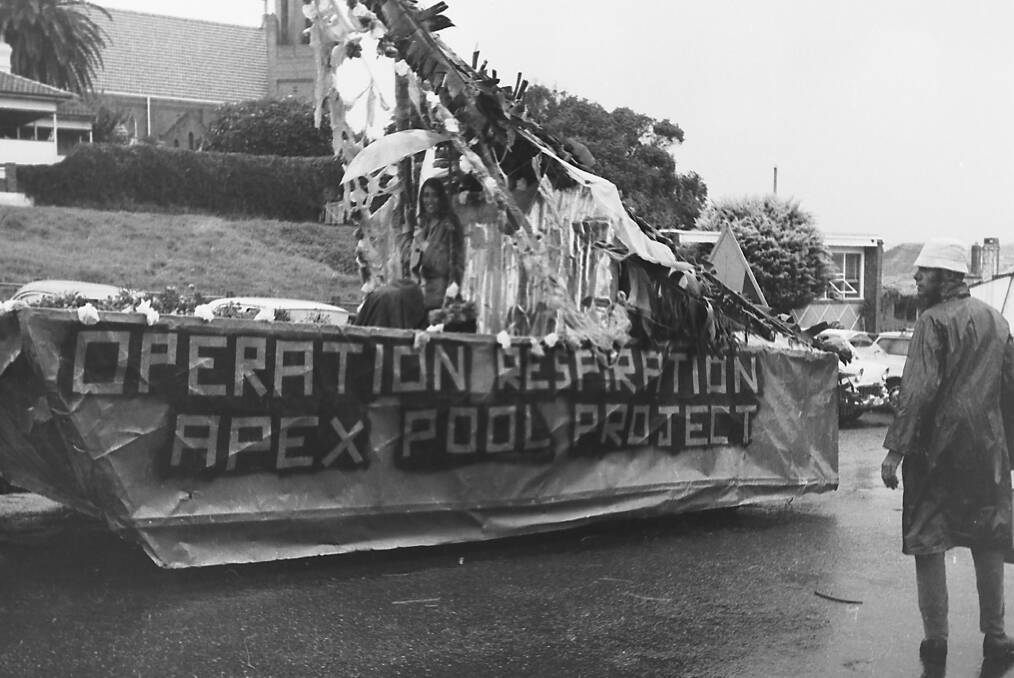 Downpour: Apex Float with drenched Queen candidate Sue Gymer, 1970.