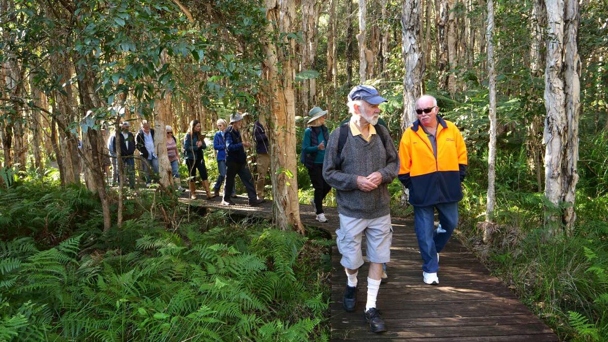 Easy walk: Jim Meldrum and Dave Comish lead the group along the Kooloonbung Creek Nature Park boardwalk.
