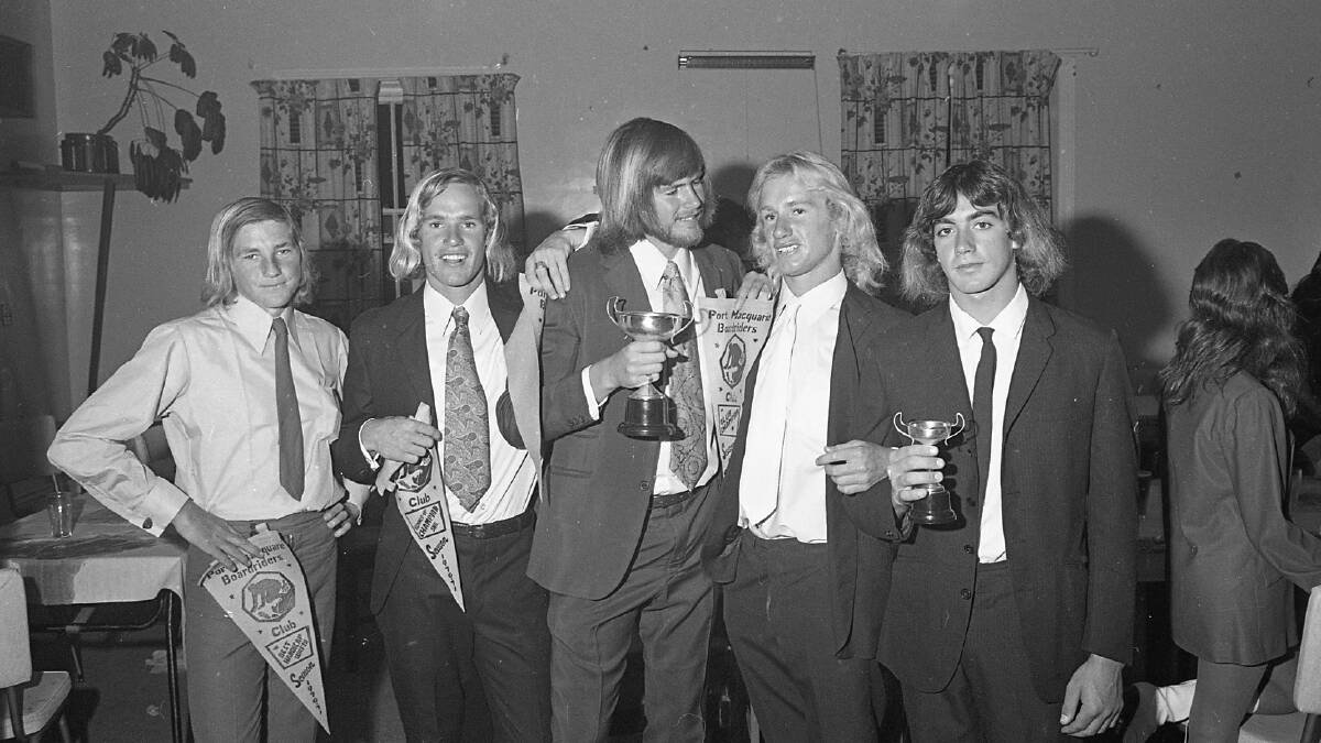 Boardrider Club prize winners: From left Alan Henry, Robert Rosenbaum, Peter Hudson, Warren Rosenbaum and Roger Munro, 1971.