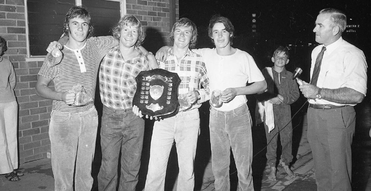Winners of the Business House Relay The Bonnie Surfers Peter Robinson, Tony Fletcher, Greg Dark and Reg Laws with John Hodge, Port Macquarie Swimming Club president, 1972.