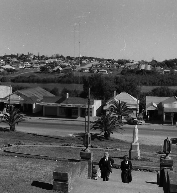 Sparse: Looking from the steps leading up to St Agnes Catholic Church down to Horton Street, Port Macquarie. 1960s