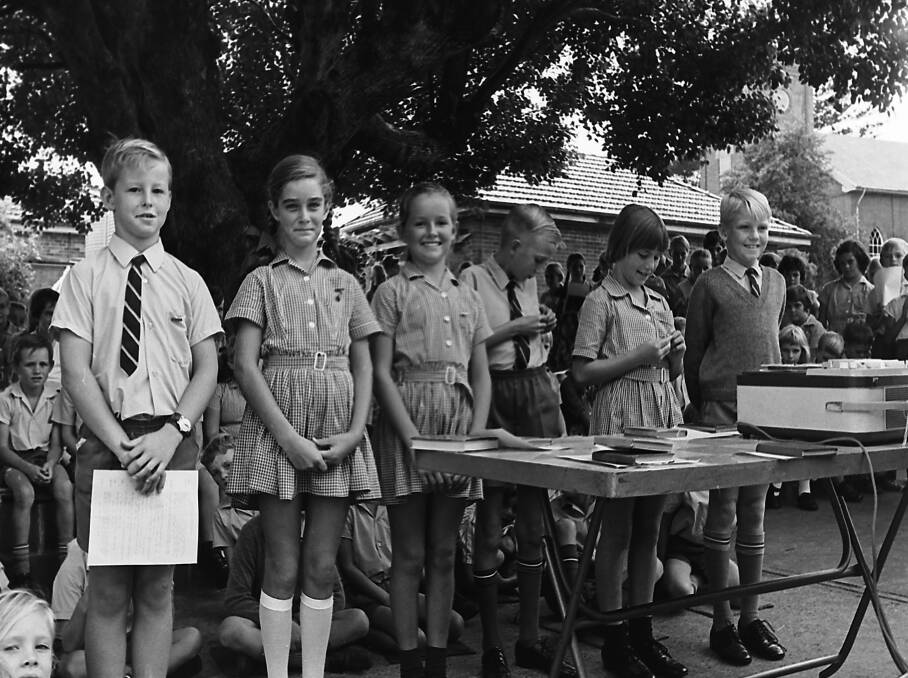 Newly badged: St Josephs Primary School captains Andrew Burgess and Lynne Howard, and prefects Catherine Cudmore, Tony Worner, Rosalie Morrisey, and Mark ONeill, 1971.