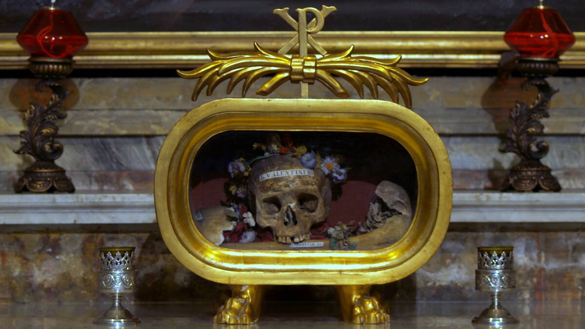 Hardly romantic: This gruesome relic in a Rome church is the skull of St Valentine, butchered by order of Emperor Claudius the Cruel.