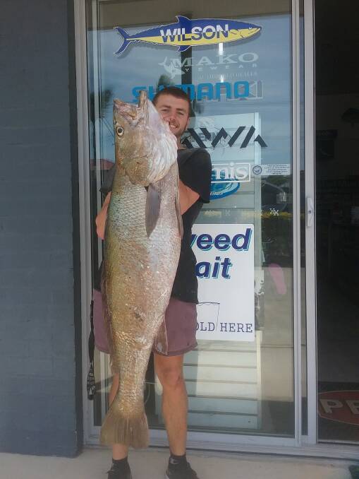 Man size: Our Berkley pic of the week is of Ross with this 21.5 kilogram massive mulloway he recently caught off the rocks on a hard-bodied lure. Photo: supplied.