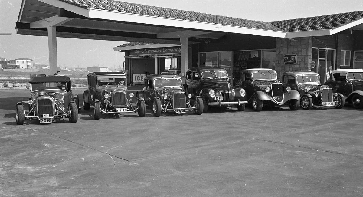 Annual journey north: Visiting hot rods on show at the Ampol Service Station, Port Macquarie 1971.