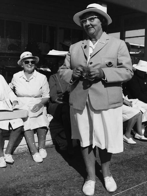 Welcome: State gold medallist and president of the Port Macquarie Croquet Club Mrs Eileen de la Rue welcomes visiting players to the 13th annual tournament, 1968.