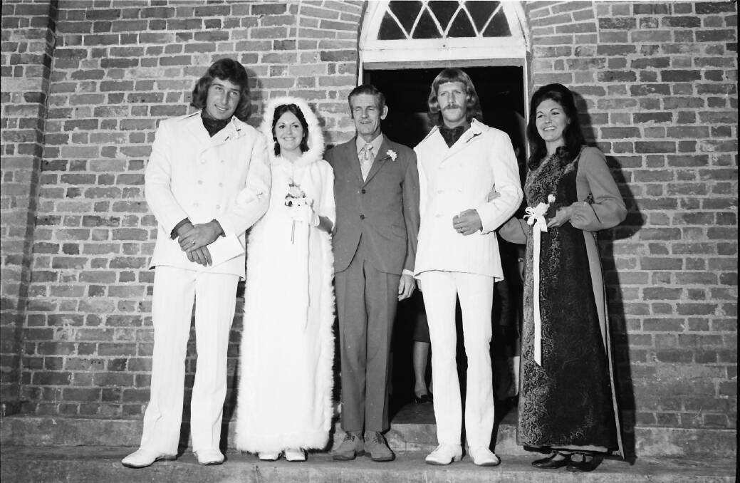 Nice day: White wedding of Mr and Mrs John Hayes with the brides father Les Boston, best man Steve Winters and matron of honour Mrs Ian Anderson, 1971. 