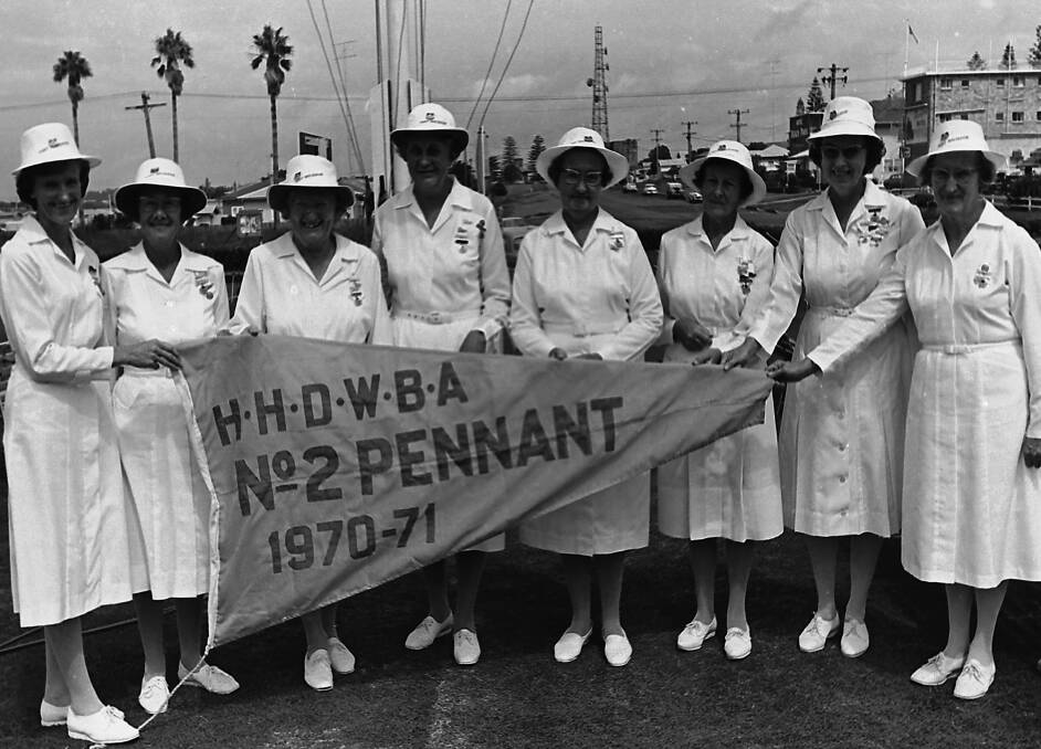 Great effort: Members of the successful womens bowls team display their pennant; from left: Mead, Whitehead, Pearce, Kelly, Lachlan, Cunning, Milligan and Ritter, 1971.