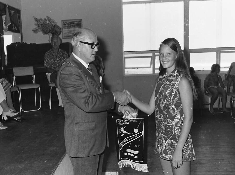 Mayor Ald. C.C. Adams presents the Mermaid of the Year award to Robyn Hall, 1972.