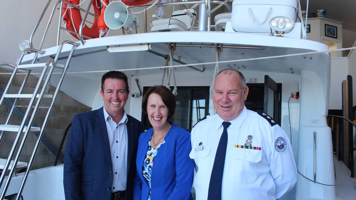 Great news: Minister Paul Toole, Leslie Williams and Greg Davies from Marine Rescue at the announcement of a $33,000 grant for Marine Rescue Port Macquarie.