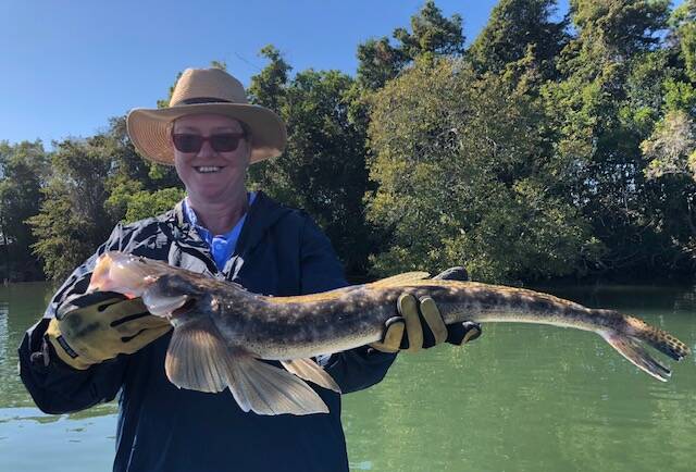 Tasty: Our Berkley pic of the week is Pippa Egglesten showing off this terrific 80cm flathead caught on a trip out with Mark from Castaway Estuary Charters.