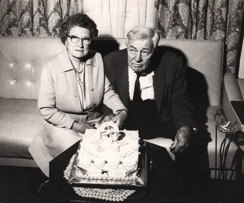 Golden anniversary: William and Sylvia Gardiner prepare to cut their 50th Wedding Anniversary cake at a celebration with family and friends, 1969.
