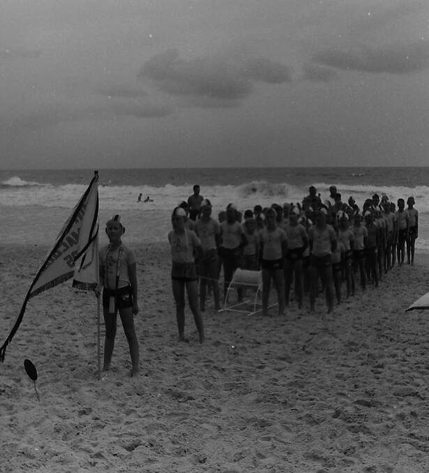 Impressive sight: Port Macquarie Nippers march past team in readiness for the first Nippers Surf Carnival on Sunday, March 3, at Flynns Beach, 1963.