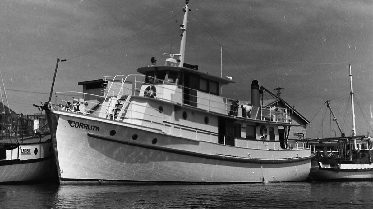 The Coralita charter vessel moored at the end of Clarence Street, Port Macquarie, 1972. 