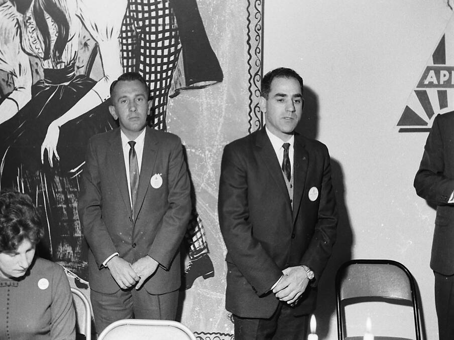 Newly elected Apex Club president Mr Merv Green with Apex  District Governor Mr Rex Solomons  at the changeover dinner, 1968.