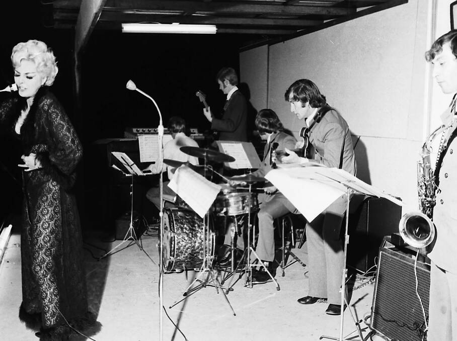 Fundraiser: Diana Devrey with the Joy Boys Band at the Apex Club's Swing In, 1970.