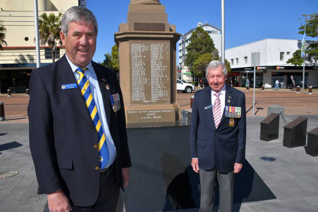 LEST WE FORGET: Greg Laird and Colin Clark at the Cenotaph in Port Macquarie. Photo: Ivan Sajko.