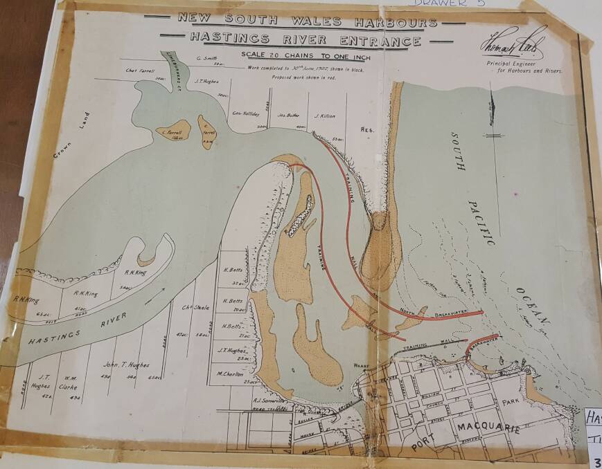 THE PLANS: The training wall (indicated in black) is the breakwall today while the red lines were another proposed breakwall. PHOTO: Port Macquarie Museum. 