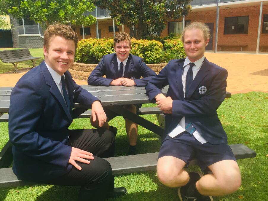 RIDING HIGH: Caleb Campion, Peter Campion and Jarrod Hack all smiles after learning about their ATAR results. PHOTO: Laura Telford.