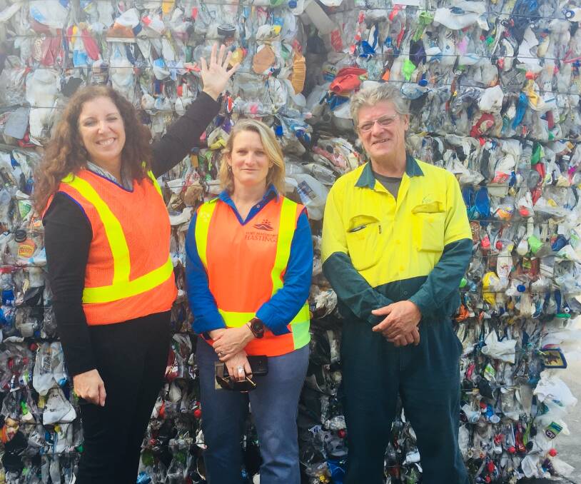PLASTIC FREE: Port Macquarie-Hastings Council group manager Maria Doherty, waste projects officer Nicky Julian and JR Richard's Martin Holmes at the Cairncross Waste Management Facility. Photo: Laura Telford.