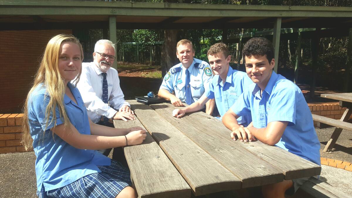 LEARNING: Imala Smith, principal Ian Ross, senior constable Steven Jeffery, Jake McKenna and Elliott Francis talking about the consequences of taking drugs. PHOTO: Laura Telford.
