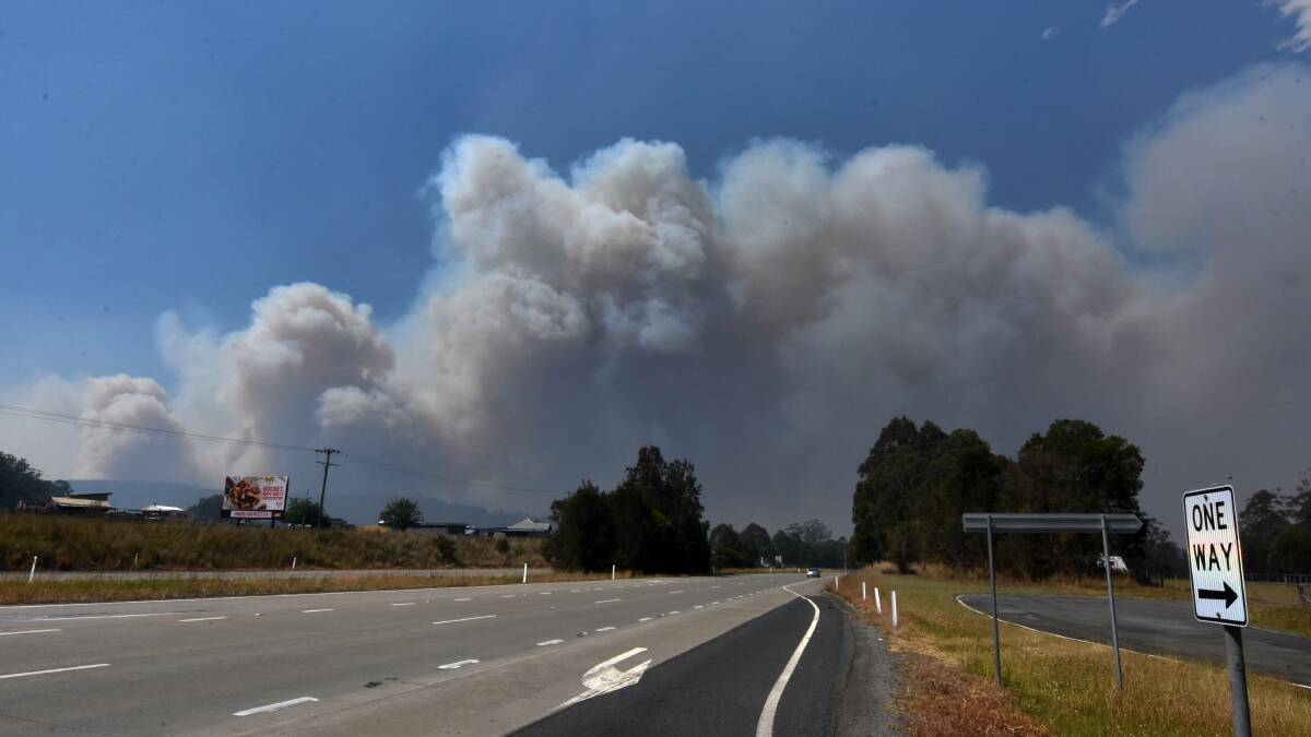 FIRE: The view from the Pacific Highway looking north toward Nabiac earlier today.