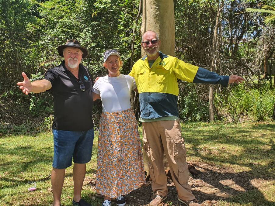 OPEN: Dave Curry, Tess Herbert and Peter Fitzroy along with other community members want to reinforce Lake Cathie is open. PHOTO: Laura Telford.