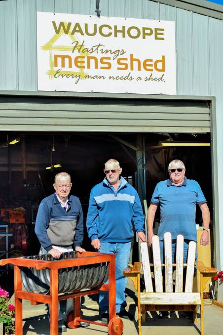 Rob Read, John Sadleir and John Williams at the entrance to the Wauchope Men's Shed.