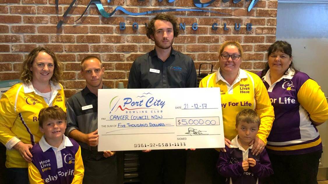 RELAY FOR LIFE: Port City Bowling Club employees present the Hastings Relay For Life committee with a $5000 cheque. Dione Edwards, Kendall Collins, Luke Chelman, James Kelleher, Mel Collins, Kane Collins and Kerry Potts.