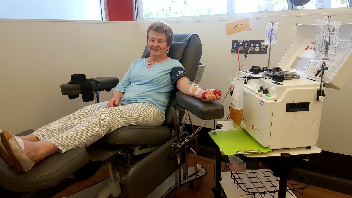 SUPERSTAR: Pam Varney at the Port Macquarie Blood Centre donating plasma.