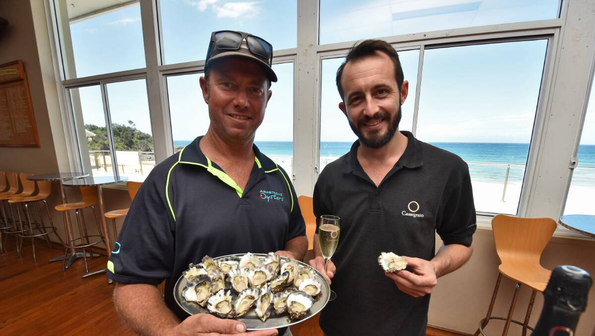 OYSTERS AND WINE: Brandon Armstrong from Armstrong Oysters and Alex Cassegrain ready for Oysters in the Vines. Photo: Matt Attard.