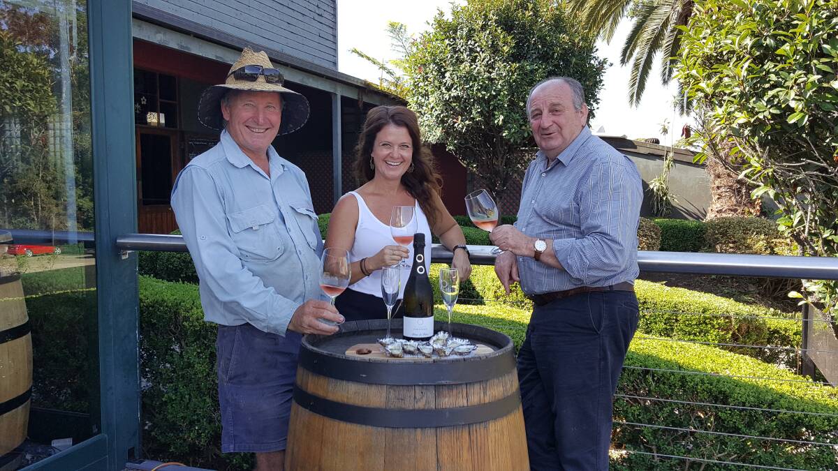 WINE AND OYSTERS: Mark Bulley, Tahshi Payne and John Cassegrain are ready for the Oysters in the Vines festival this weekend, from 10am-5pm. Photo Laura Telford.