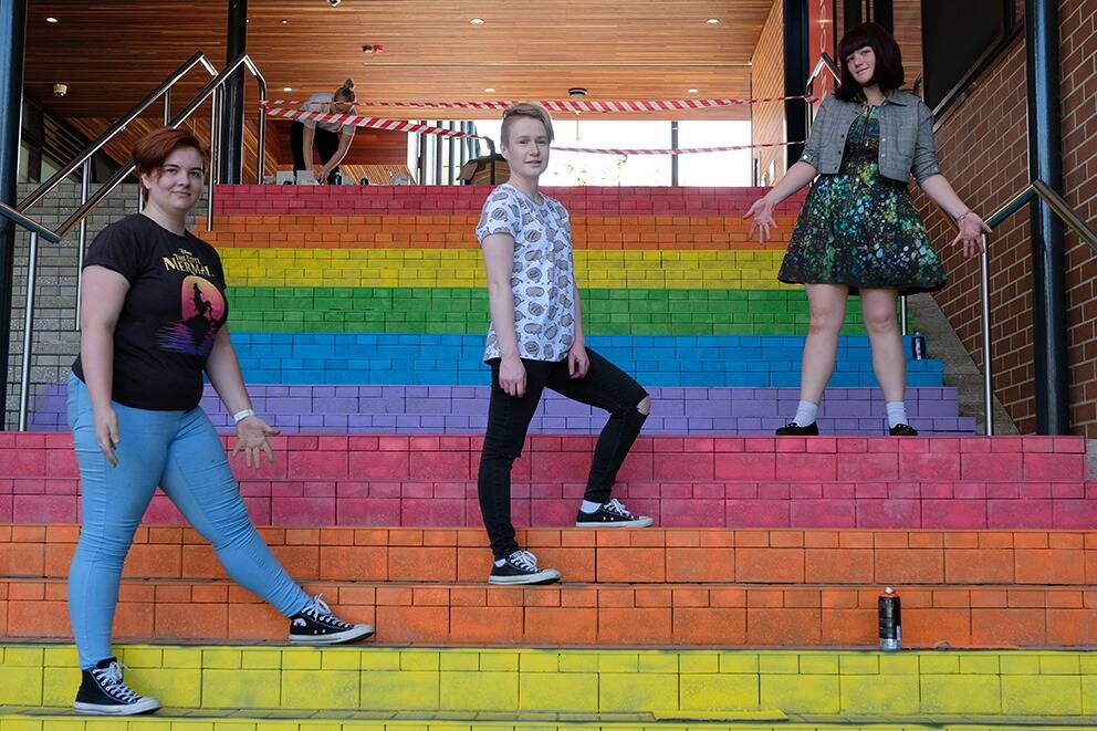 COLOUR: Graphic design students chalk painted the stairs at CSU Port Macquarie for the day. PHOTO: Lauren Darcy.