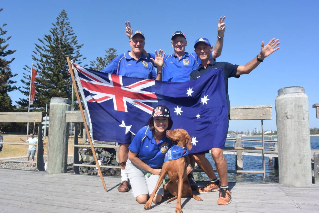 CELEBRATE: Graham McGillchrist, Duncan Wyndham, Steve Thomas, Janice McGillchrist and dog Cazi get ready to celebrate Australia Day. PHOTO: Laura Telford.