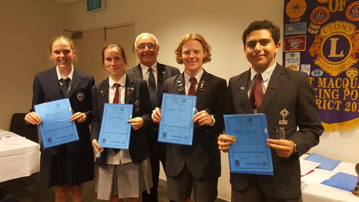 2017 COMPETITION: 2017 Candidates Chelsea Connell, Naomi Kallmier, Jack Nethery and Youssef Youssef with the Vice President of Port Macquarie Tacking Point Lions. Photo: Laura Telford.
