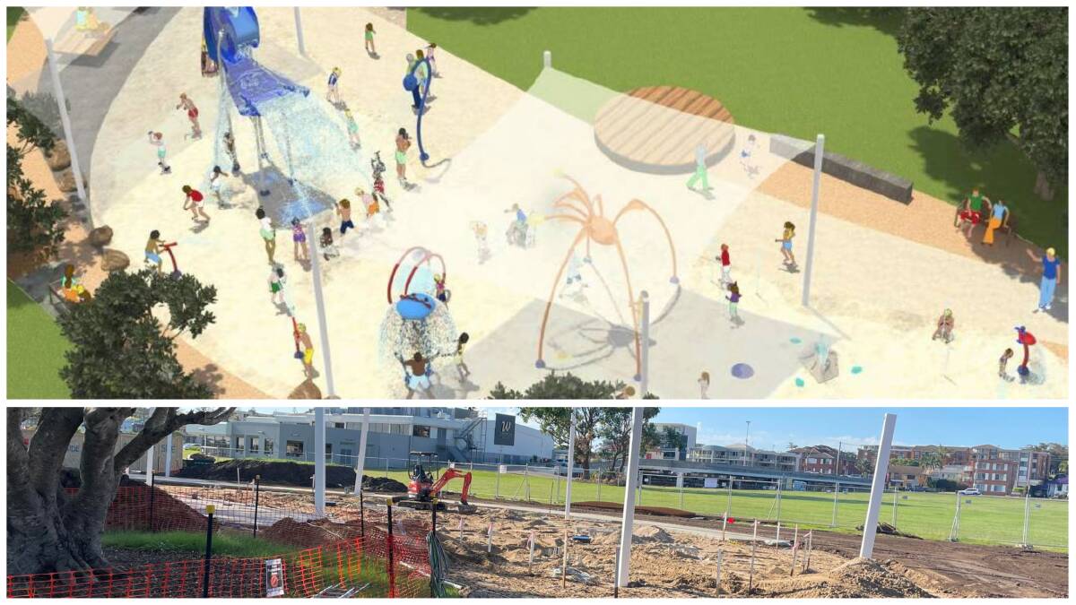 Work is continuing to establish a water park at Livvi's Place, Westport Park (bottom). Concept plan view of Livvi's Place facing north-west (top). Picture: Port Macquarie-Hastings Council