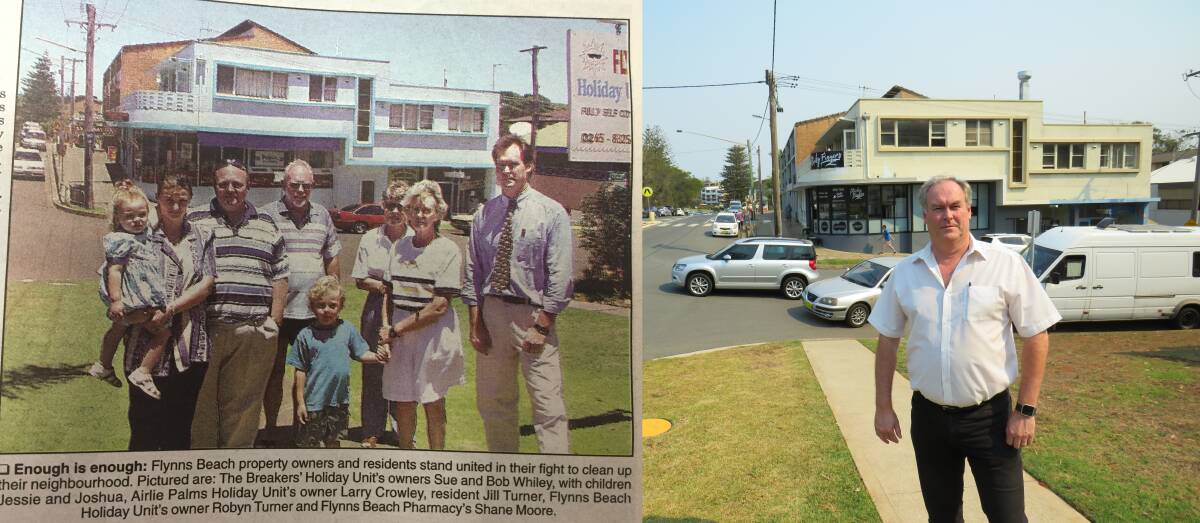 History: (left) Port News photo of Flynns Beach concerned property owners and residents in 1999 and (right) Shane Moore from Flynns Beach Pharmacy in 2019. 