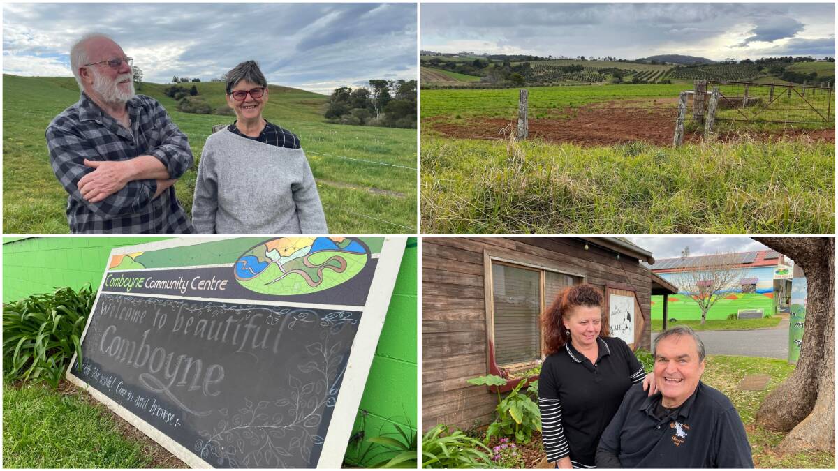 Collected at Comboyne's Ian and Marion Lawrence (top left), Comboyne Community Centre sign (bottom left), Comboyne landscape (top right) and Udder Cow Cafe owners Chris and Mary Holstein (bottom right). Picture: Liz Langdale. 