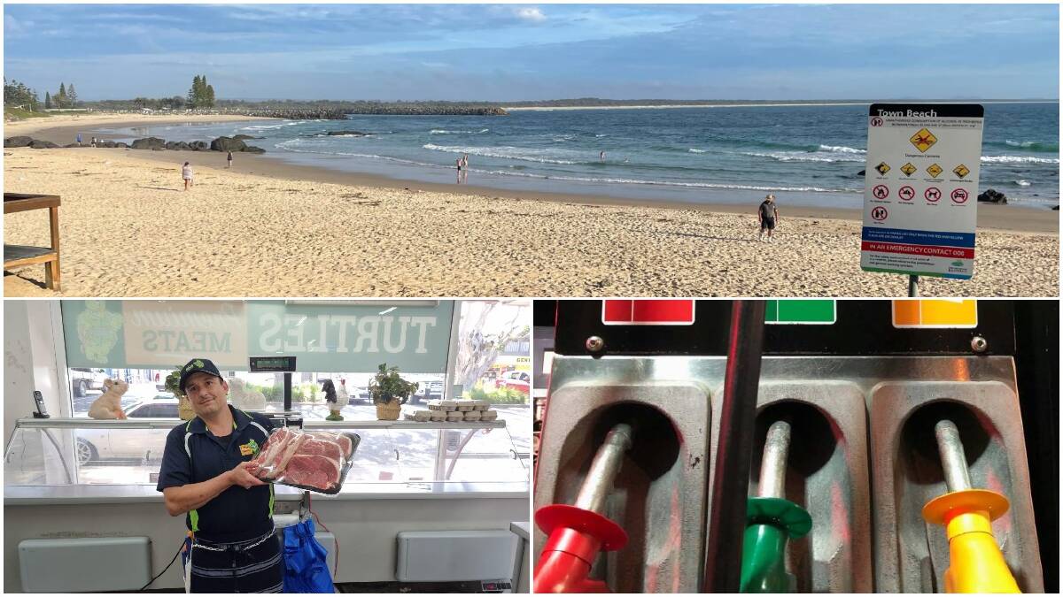Price hike: Port Macquarie-Hastings residents are feeling the pinch with record high prices of essential items, including fuel and meat. Picture: Town Beach (top), Dave Thurtell from Turtle's Premium Meats (bottom left, supplied), fuel pump (bottom right, AAP). 