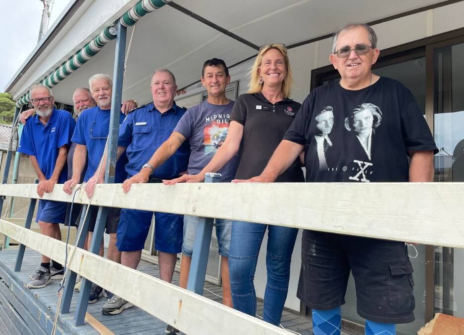Support: Port Macquarie resident Dave Henward, St Agnes Catholic Parish Recovery Support Service staff member Sherrie Moloney, Darren (Dave's carer), Marine Rescue Mid North Coast regional operations manager Randall Gawne with Marine Rescue Port Macquarie members. 