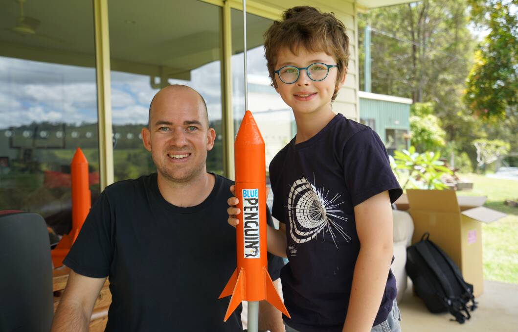Finn with the rocket which he designed. It's ready to be launched at his Lorne property. Photo: ABC 