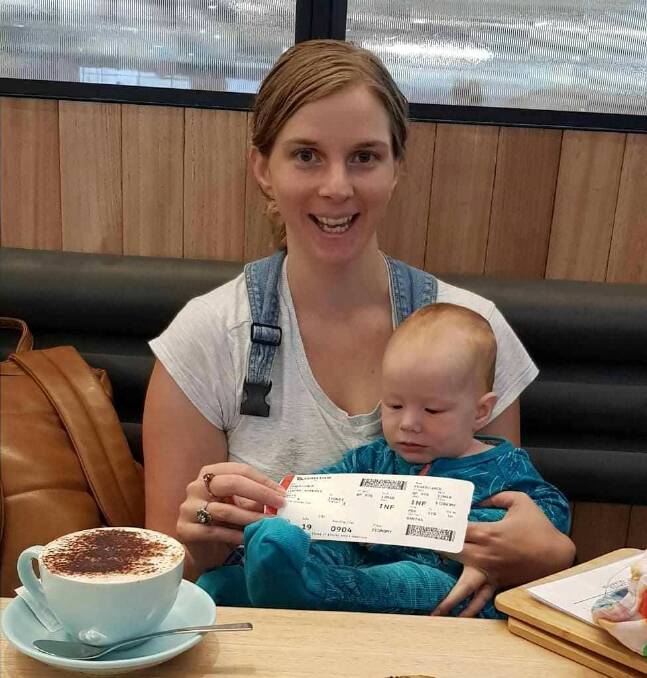 Liz Langdale with her four-month-old son Jack at Perth airport in March, 2021. 