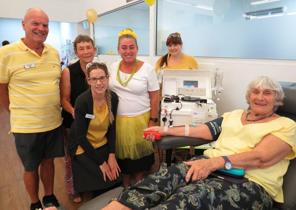 Plasma party: Staff from the Port Macquarie Blood Donor Centre with donors Grace Eggert (second from the back right) and Judy Love (front). 